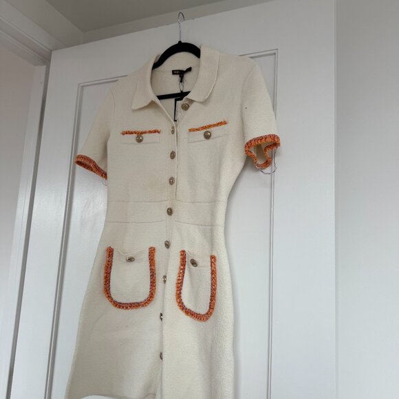 NWT Maje Risal Mini Dress EcruWhite Contrast Fray Trim Knit Shirt Collar Buttons - Picture 4 of 11